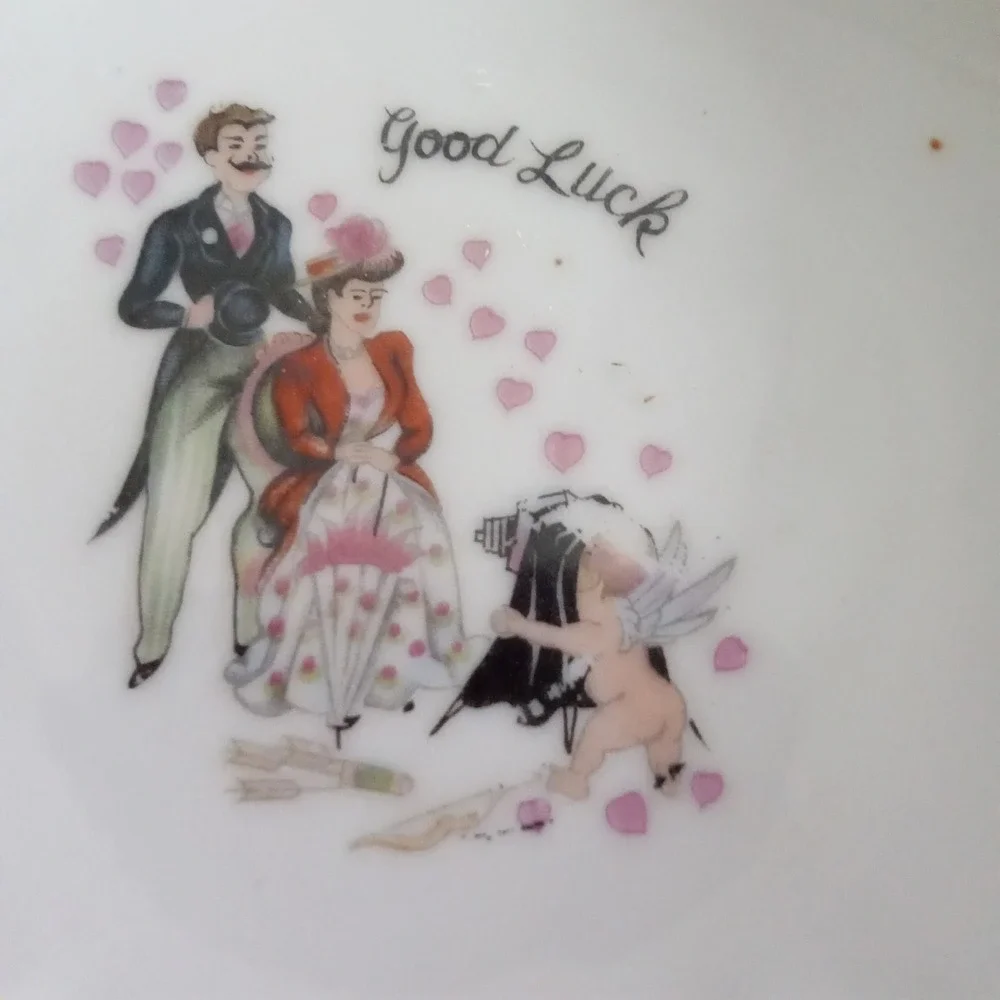 Vintage Good Luck Porcelain Trinket Dish Cupid Victorian Couple Gold Rim 3.5